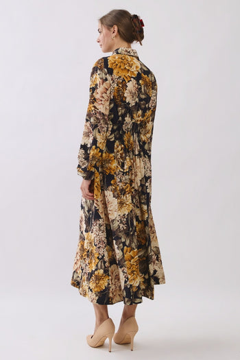 Oddi Floral Pleated Detailed Midi Dress in Black Multi