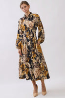 Oddi Floral Pleated Detailed Midi Dress in Black Multi