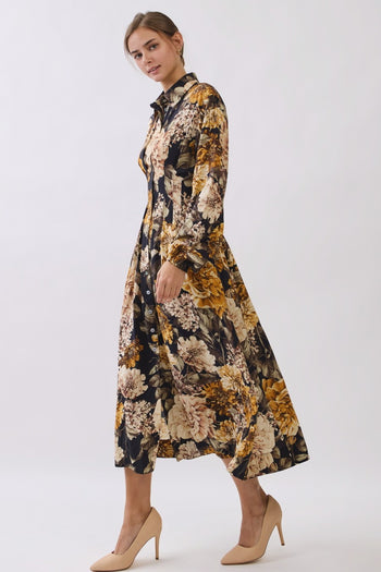 Oddi Floral Pleated Detailed Midi Dress in Black Multi