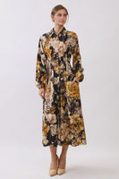 Oddi Floral Pleated Detailed Midi Dress in Black Multi