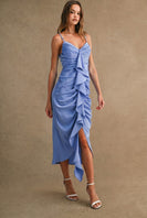 MABLE Satin Front Ruffle Ruched Midi Dress in Periwinkle