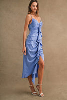 MABLE Satin Front Ruffle Ruched Midi Dress in Periwinkle