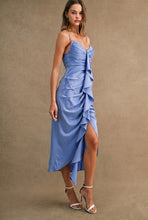 Load image into Gallery viewer, MABLE Satin Front Ruffle Ruched Midi Dress in Periwinkle
