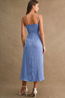 MABLE Satin Front Ruffle Ruched Midi Dress in Periwinkle