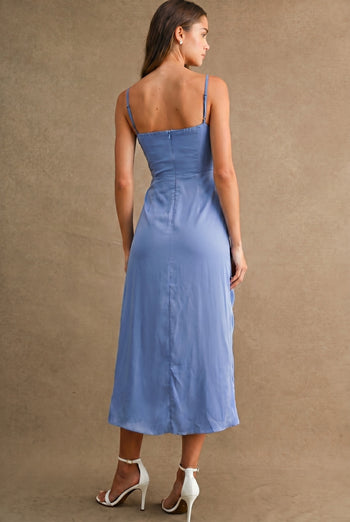 MABLE Satin Front Ruffle Ruched Midi Dress in Periwinkle