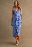 MABLE Satin Front Ruffle Ruched Midi Dress in Periwinkle