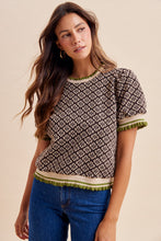 Load image into Gallery viewer, AnnieWear Geo Floral Jacquard Puff Sleeve Knit Top in Chocolate
