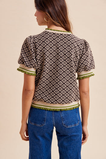 AnnieWear Geo Floral Jacquard Puff Sleeve Knit Top in Chocolate