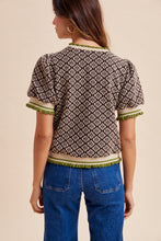 Load image into Gallery viewer, AnnieWear Geo Floral Jacquard Puff Sleeve Knit Top in Chocolate
