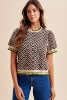 AnnieWear Geo Floral Jacquard Puff Sleeve Knit Top in Chocolate