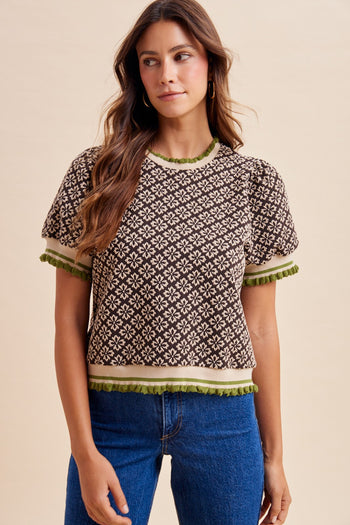 AnnieWear Geo Floral Jacquard Puff Sleeve Knit Top in Chocolate