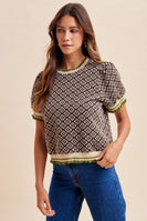 AnnieWear Geo Floral Jacquard Puff Sleeve Knit Top in Chocolate