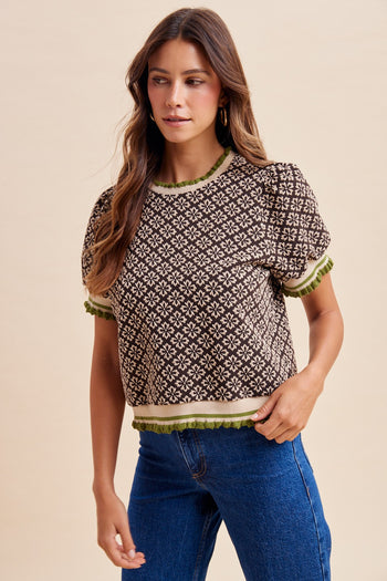 AnnieWear Geo Floral Jacquard Puff Sleeve Knit Top in Chocolate