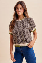 Load image into Gallery viewer, AnnieWear Geo Floral Jacquard Puff Sleeve Knit Top in Chocolate
