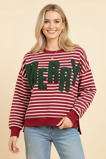 Heimish Merry Sherpa Applique Striped Pullover Top in Red