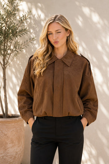 Sew in Love Faux Suede Oversized Bomber Jacket in Mocha