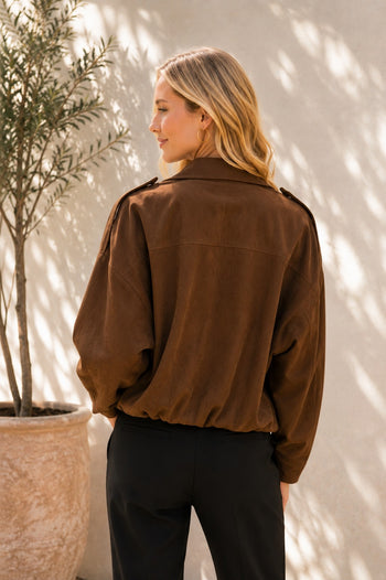 Sew in Love Faux Suede Oversized Bomber Jacket in Mocha