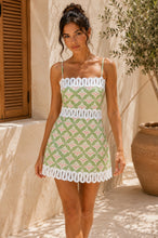 Load image into Gallery viewer, Viviluna Mosaic Tile Print Scallop Lace Trim Mini Dress in Green Multi
