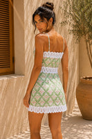 Viviluna Mosaic Tile Print Scallop Lace Trim Mini Dress in Green Multi