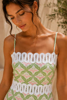 Viviluna Mosaic Tile Print Scallop Lace Trim Mini Dress in Green Multi