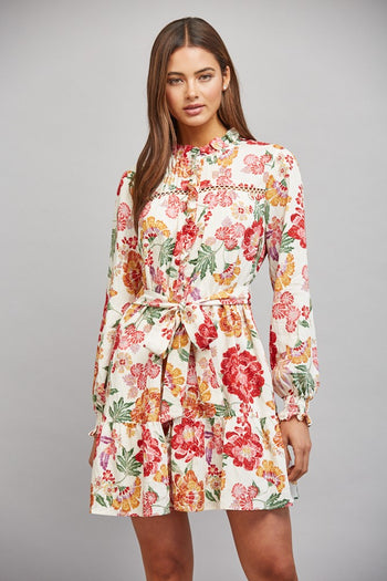 FATE Floral Print Waist Tie Mini Dress in Cream Multi
