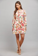 FATE Floral Print Waist Tie Mini Dress in Cream Multi