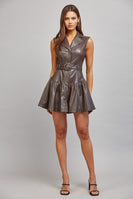 FATE Faux Leather Belted Mini Dress in Choco Brown