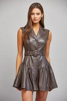FATE Faux Leather Belted Mini Dress in Choco Brown