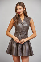 FATE Faux Leather Belted Mini Dress in Choco Brown
