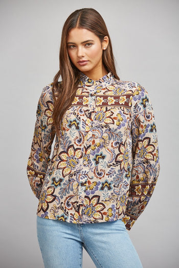 FATE Mixed Print Button Down Blouse in Beige Multi