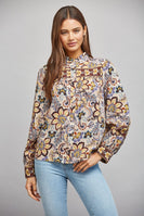 FATE Mixed Print Button Down Blouse in Beige Multi
