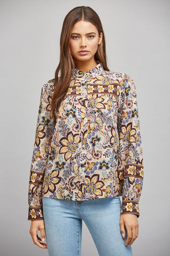 FATE Mixed Print Button Down Blouse in Beige Multi