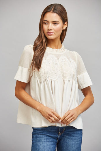 FATE Sheer Mesh Upper Panel Lace Applique Detail Faux Suede Top in Ivory