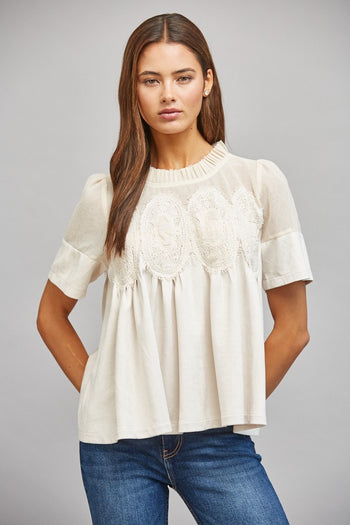 FATE Sheer Mesh Upper Panel Lace Applique Detail Faux Suede Top in Ivory
