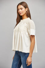 Load image into Gallery viewer, FATE Sheer Mesh Upper Panel Lace Applique Detail Faux Suede Top in Ivory
