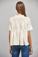 FATE Sheer Mesh Upper Panel Lace Applique Detail Faux Suede Top in Ivory