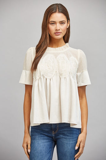 FATE Sheer Mesh Upper Panel Lace Applique Detail Faux Suede Top in Ivory