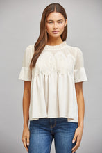 Load image into Gallery viewer, FATE Sheer Mesh Upper Panel Lace Applique Detail Faux Suede Top in Ivory
