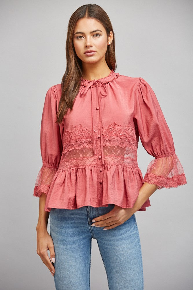 FATE Lace Insert Peplum Style Top in Slate Rose – June Adel