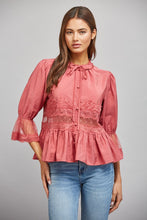 Load image into Gallery viewer, FATE Lace Insert Peplum Style Top in Slate Rose
