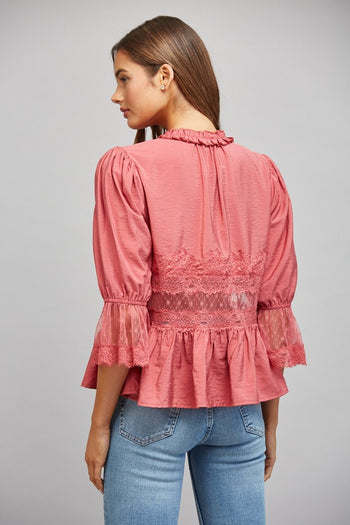 FATE Lace Insert Peplum Style Top in Slate Rose