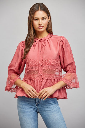 FATE Lace Insert Peplum Style Top in Slate Rose