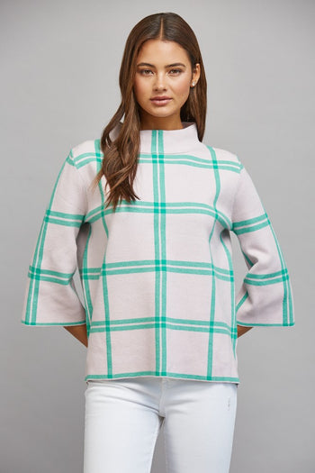 FATE Plaid Pattern Mock Neck Sweater in Pastel Pink Green