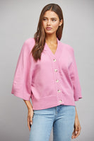 FATE V-neckline Button Down 3/4 Sleeve Cardigan in Candy Pink