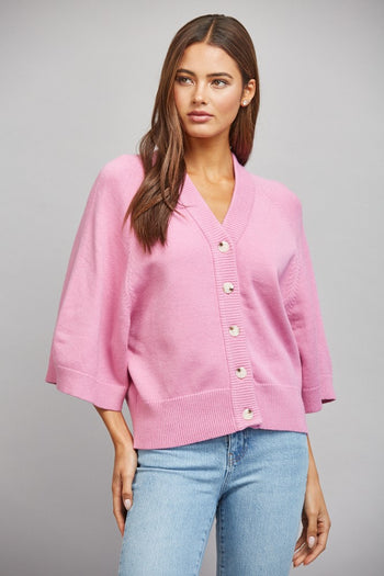 FATE V-neckline Button Down 3/4 Sleeve Cardigan in Candy Pink