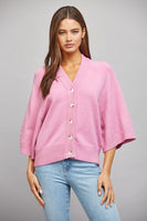 FATE V-neckline Button Down 3/4 Sleeve Cardigan in Candy Pink