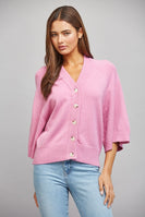 FATE V-neckline Button Down 3/4 Sleeve Cardigan in Candy Pink