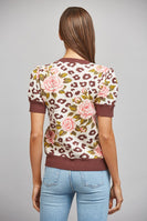 FATE Floral and Leopard Jacquard Knit Short Puff Sleeve Sweater in Cream Brown