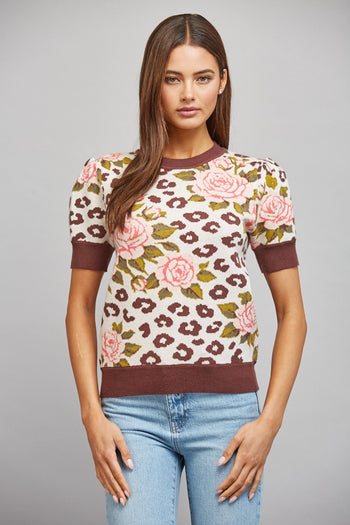 FATE Floral and Leopard Jacquard Knit Short Puff Sleeve Sweater in Cream Brown