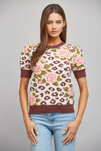 Load image into Gallery viewer, FATE Floral and Leopard Jacquard Knit Short Puff Sleeve Sweater in Cream Brown
